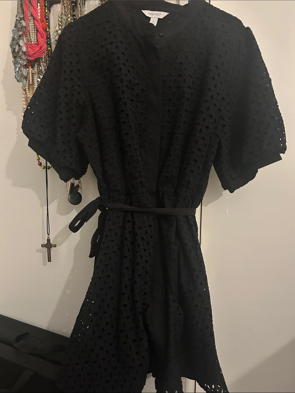 Nine West Black Eyelet Belted Midi Dress